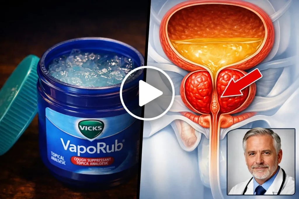 Informative graphic showing the Vicks 15-second nighttime ritual for bladder relief and a medical diagram explaining MEN Syndrome and prostate pressure in men over 55.